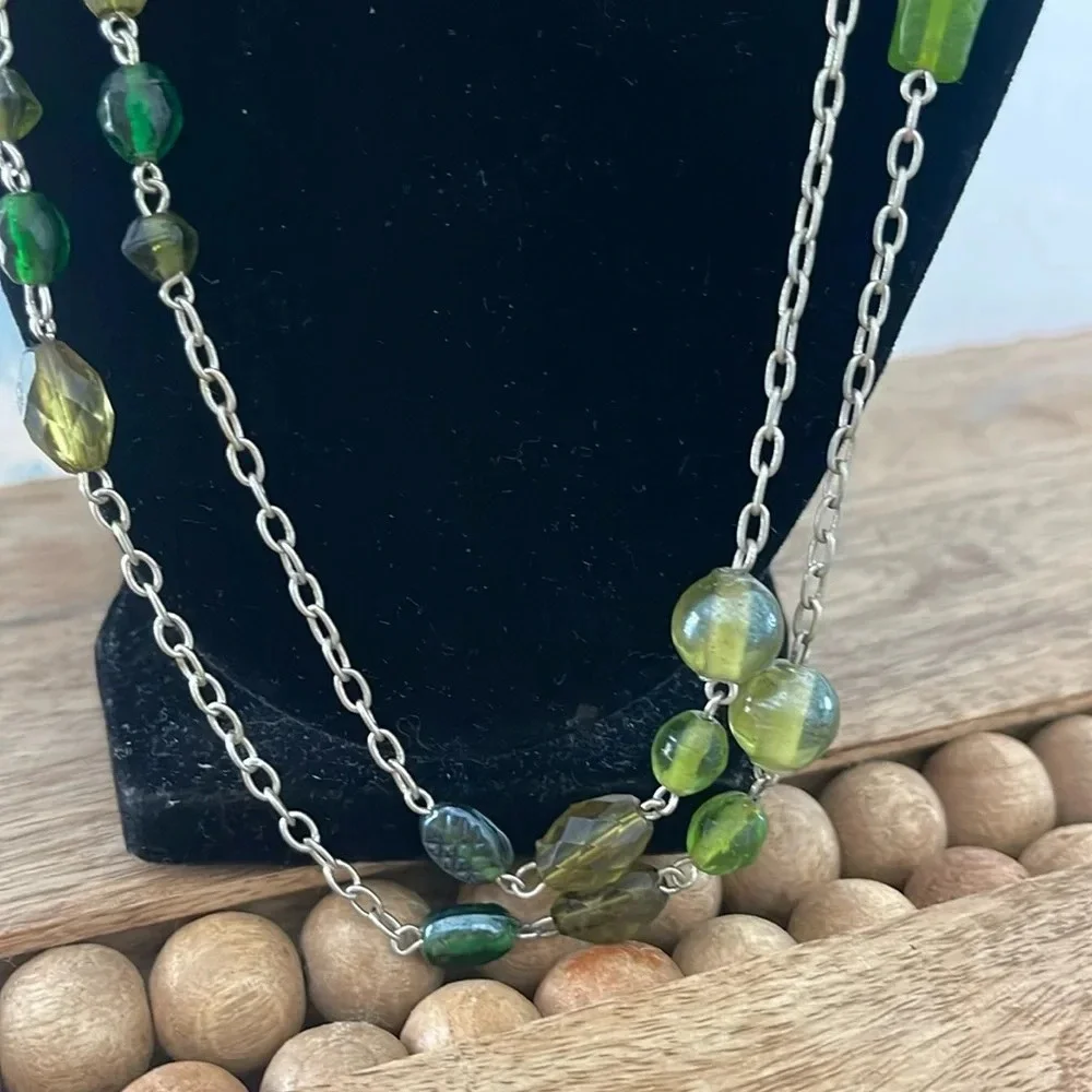 Beaded long necklace glass green silver link chain boho casual